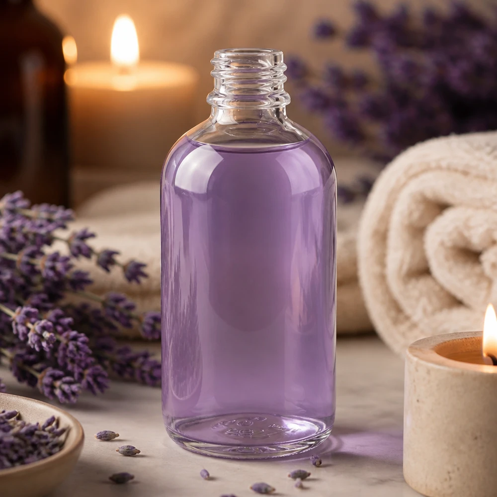 100ml lékárenská láhev ClearLine UT18/100 UNiTWIST Transparente 100ml Glasflasche mit Schraubverschluss DIN18 gefüllt mit violettem Lavendelwasser