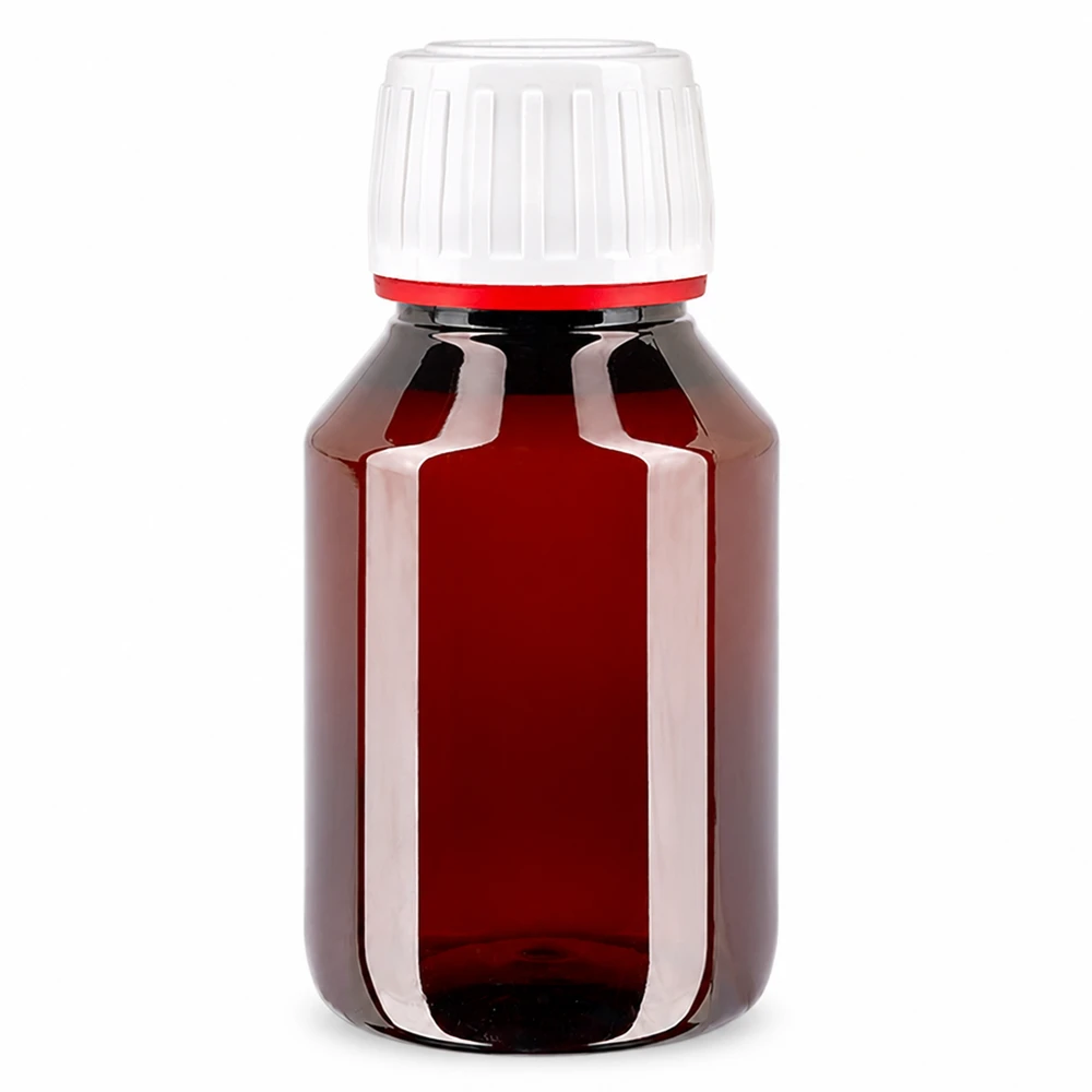 PET láhev 50ml s bílým/červeným uzávěrem s možností manipulace. PET láhev 50 ml, hnědá, s bílým uzávěrem zaručujícím neporušenost a červeným bezpečnostním kroužkem