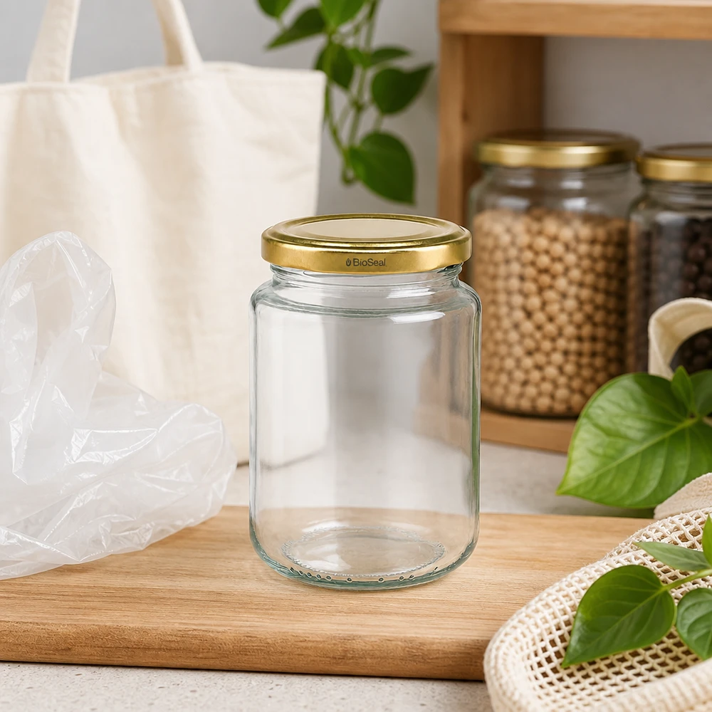 UNiTWIST Runda382 se zlatým víkem TO66 BioSeal UNiTWIST Runda382 Einmachglas in Zero-Waste Küche, nachhaltiger TO66 BioSeal Deckel gold, Holzbrett Ambiente