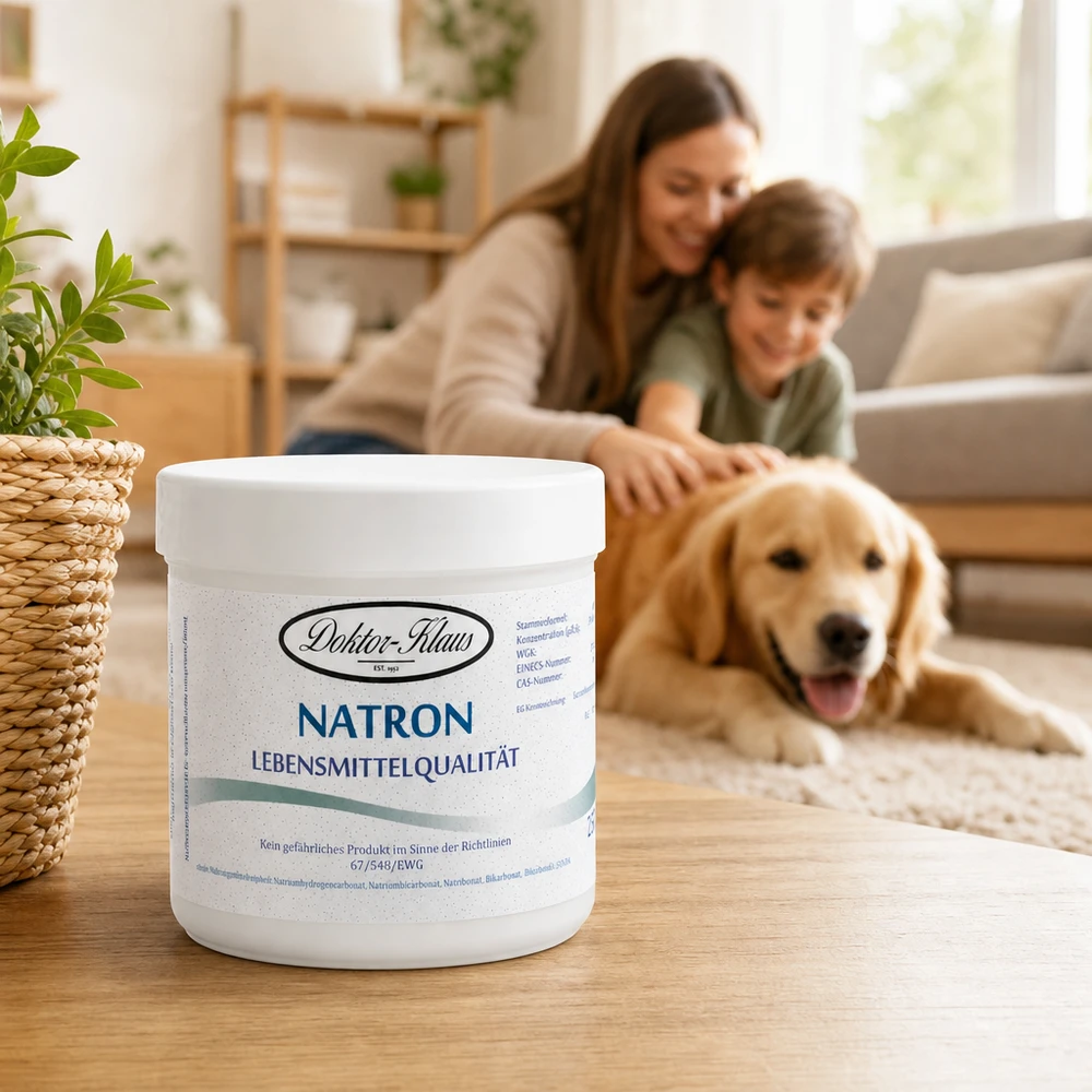 Hydrogenuhličitan sodný 250g Doktor-Klaus 250g Natron Doktor Klaus mit blauem Schriftzug in familienfreundlicher Atmosphäre