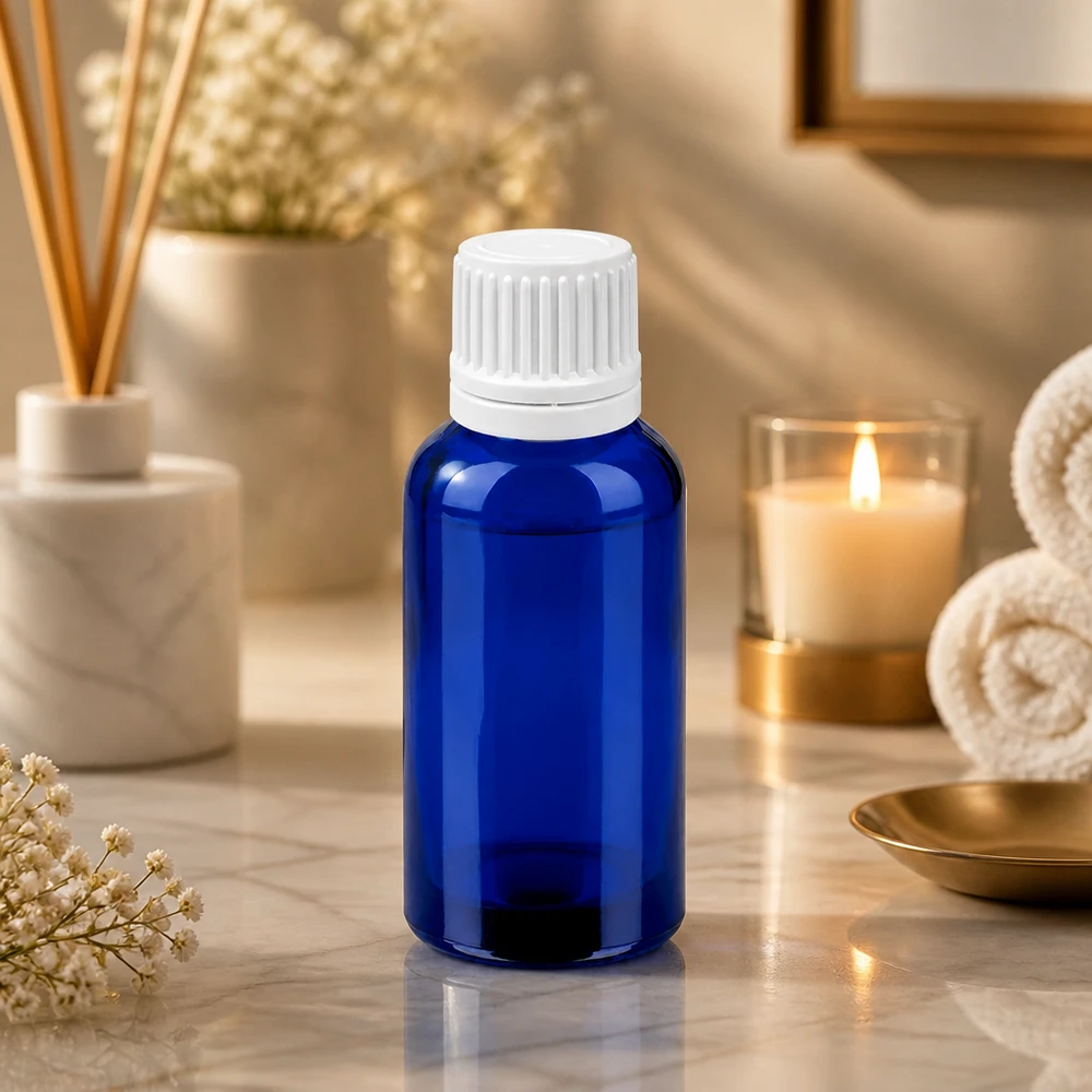 Kleine 30ml Tropfflasche aus UV-schützendem blauen Glas für Aromatherapie und Pflege