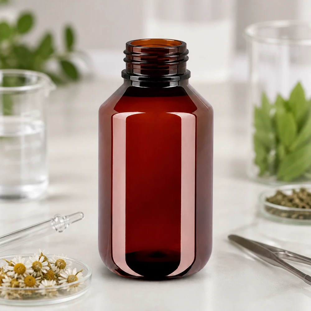 Otevřená hnědá PET láhev o objemu 100 ml bez uzávěru na bílé pracovní desce s bylinkami