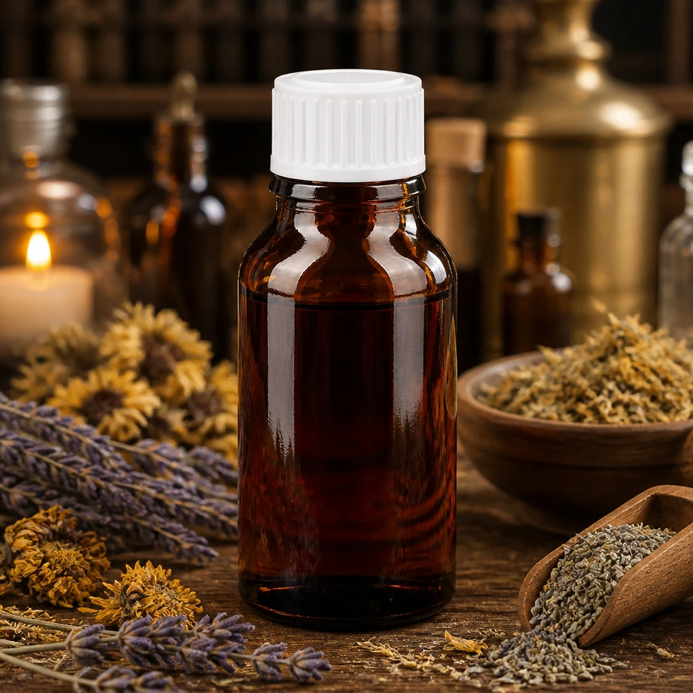 Braune 15ml Glasflasche Schraubverschluss weiß umgeben von Heilkräutern und Trockenblumen