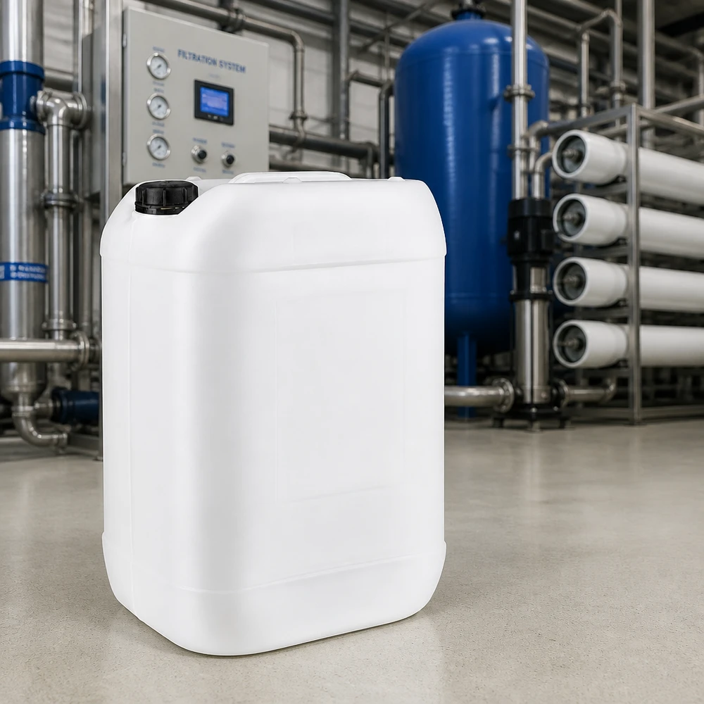 Chemikalienbeständiger 25 Liter Kanister mit Originalverschluss vor industrieller Filteranlage