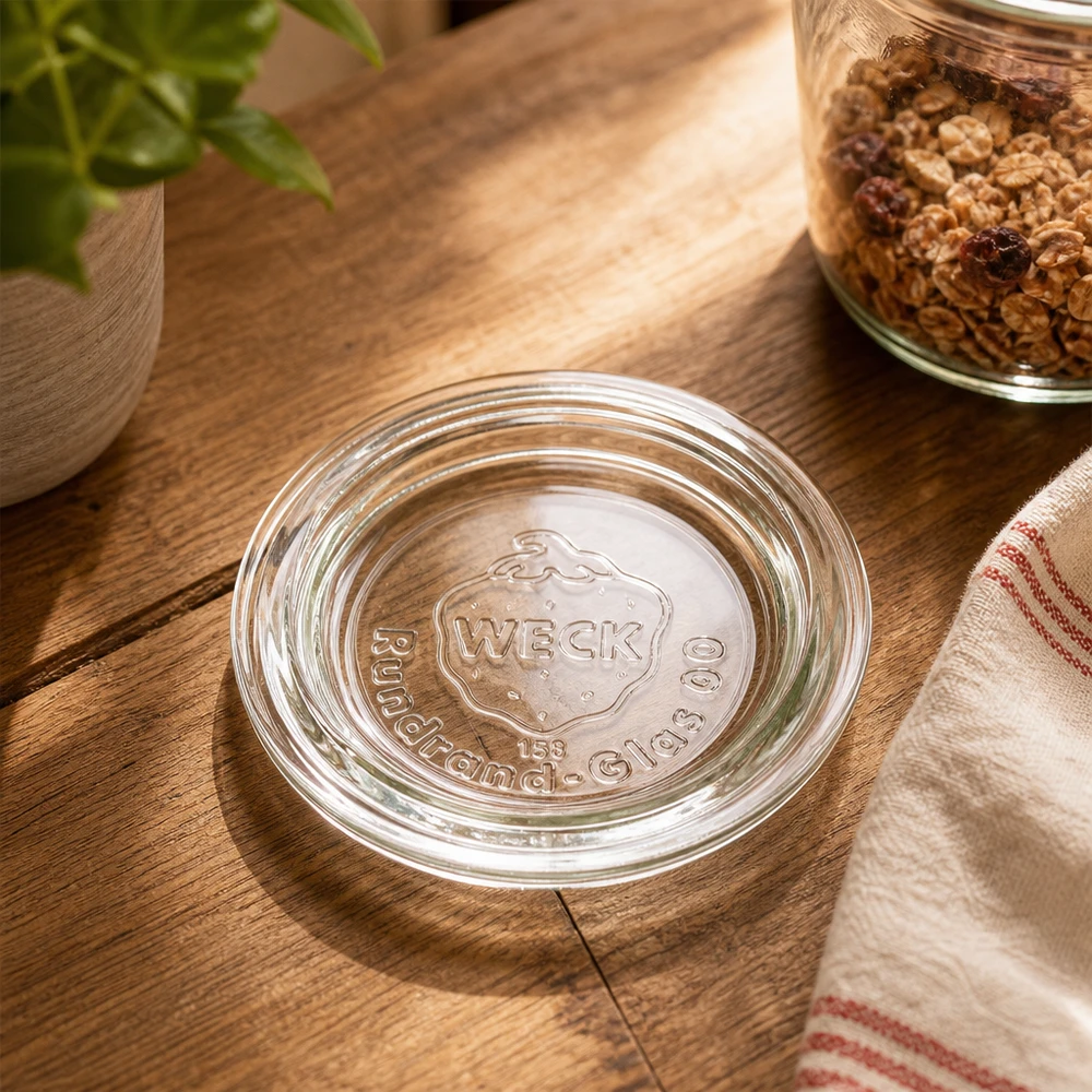 Víko na zavařovací sklenice WECK RR60 WECK Glasdeckel RR60 transparent auf Holztisch mit Müsli-Vorratsglas und Küchentextil rustikale Küchenszene