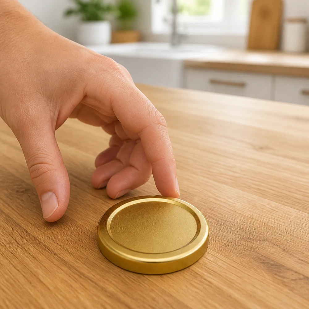 58mm víčko BasicSeal zlaté (TO58deep) UNiTWIST Zlaté odšroubovací víčko BasicSeal TO58deep o průměru 58 mm na dřevěném stole s rukou, která po něm sahá