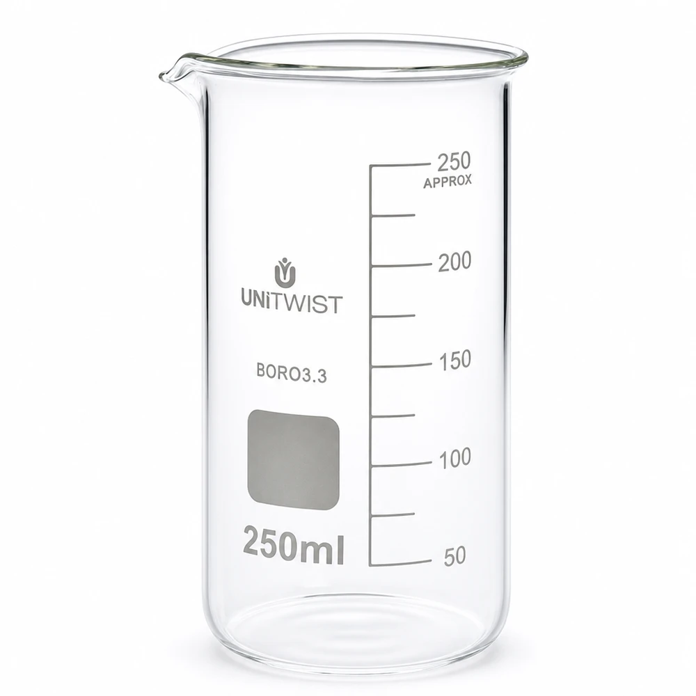Kádinka 250ml borosilikátová, vysoká forma UNiTWIST Klares Glasbehälter 250ml Laborqualität UNITWIST mit Messskala und Ausgießer