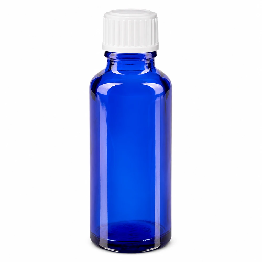 Lékárenská lahvička modrá 30ml šroubovací uzávěr bílá standardní Apothekerglasflasche blau 30ml zylindrisch mit weißem Schraubverschluss