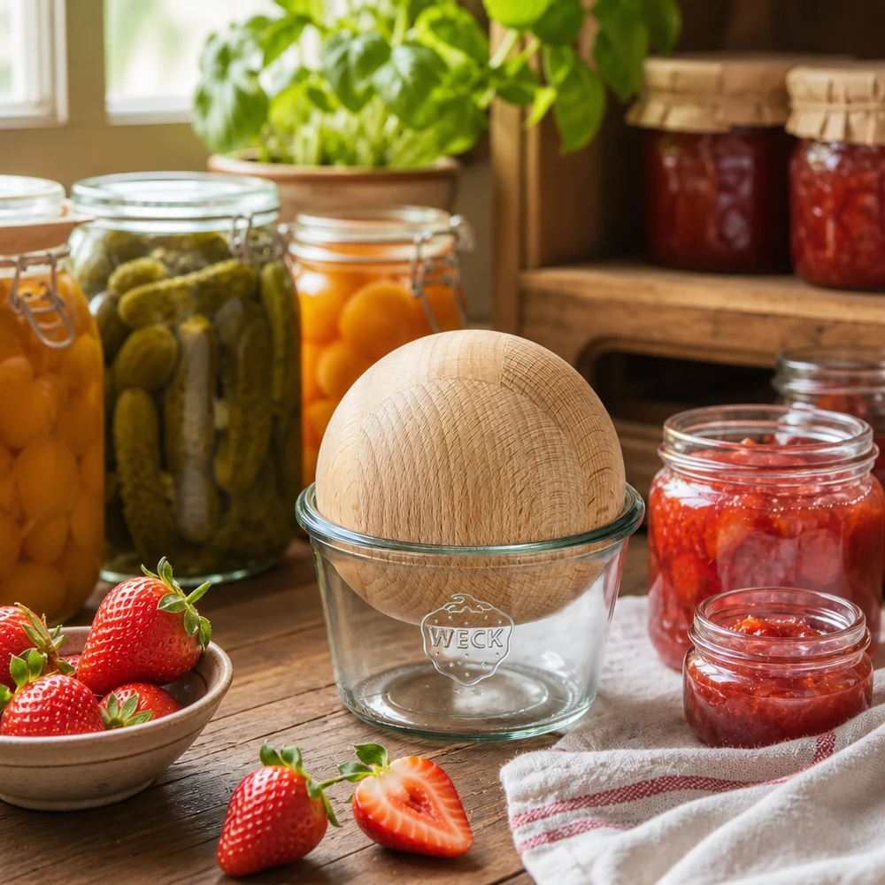 370ml tumblery WECK RR100 s dřevěnou kuličkou z bukového dřeva. WECK Einmachglas 370ml RR100 in rustikaler Küche mit selbstgemachten Marmeladen und eingelegtem Gemüse