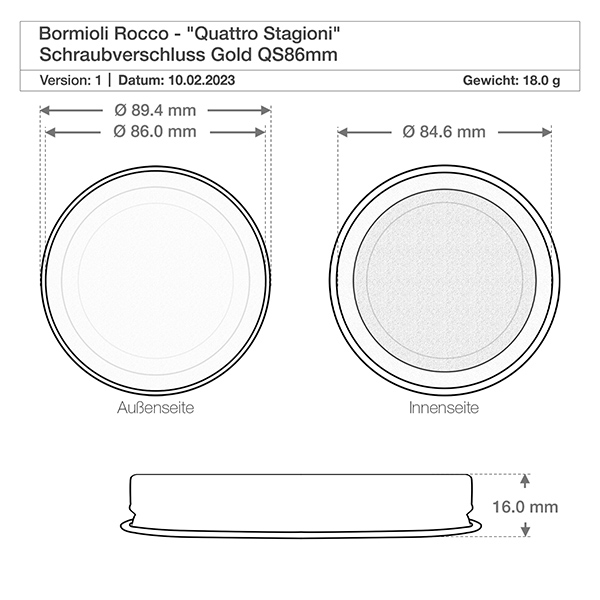 200ml kelímky "Quattro Stagioni" s víčkem Technische Zeichnung Bormioli Rocco Quattro Stagioni Deckel QS86mm mit Maßangaben Durchmesser 89,4mm Gewicht 18g
