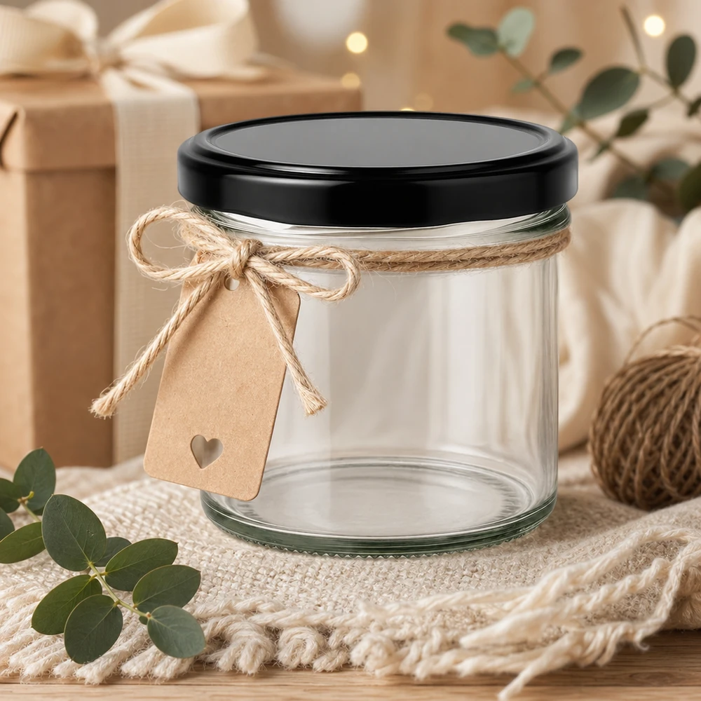 125ml kelímky s víčkem BasicSeal černé UNiTWIST 125ml Sturzglas mit schwarzem Deckel als Geschenkidee dekoriert mit Juteschnur und Herzanhänger rustikal