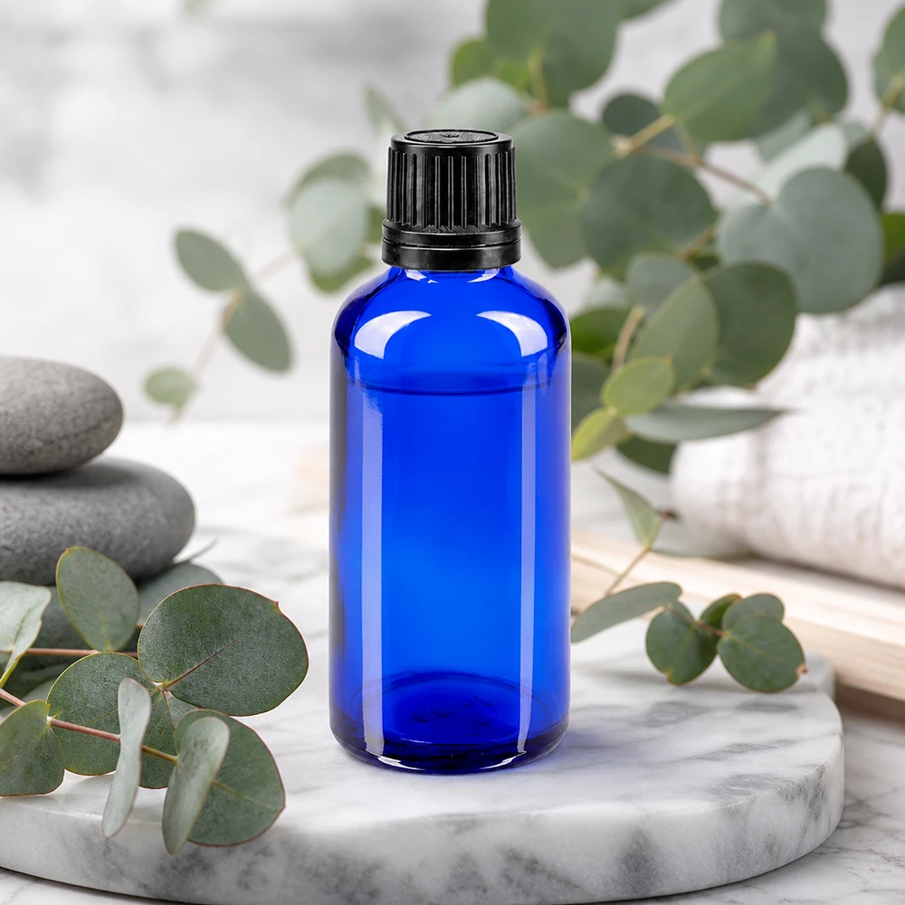 Lékárenská láhev modrá 50ml šroubovací uzávěr černý nalévací kroužek tamper evident uzávěr. Schlanke kobaltblaue Glasflasche 50ml mit schwarzem Tropferverschluss 8mm UV-Schutz