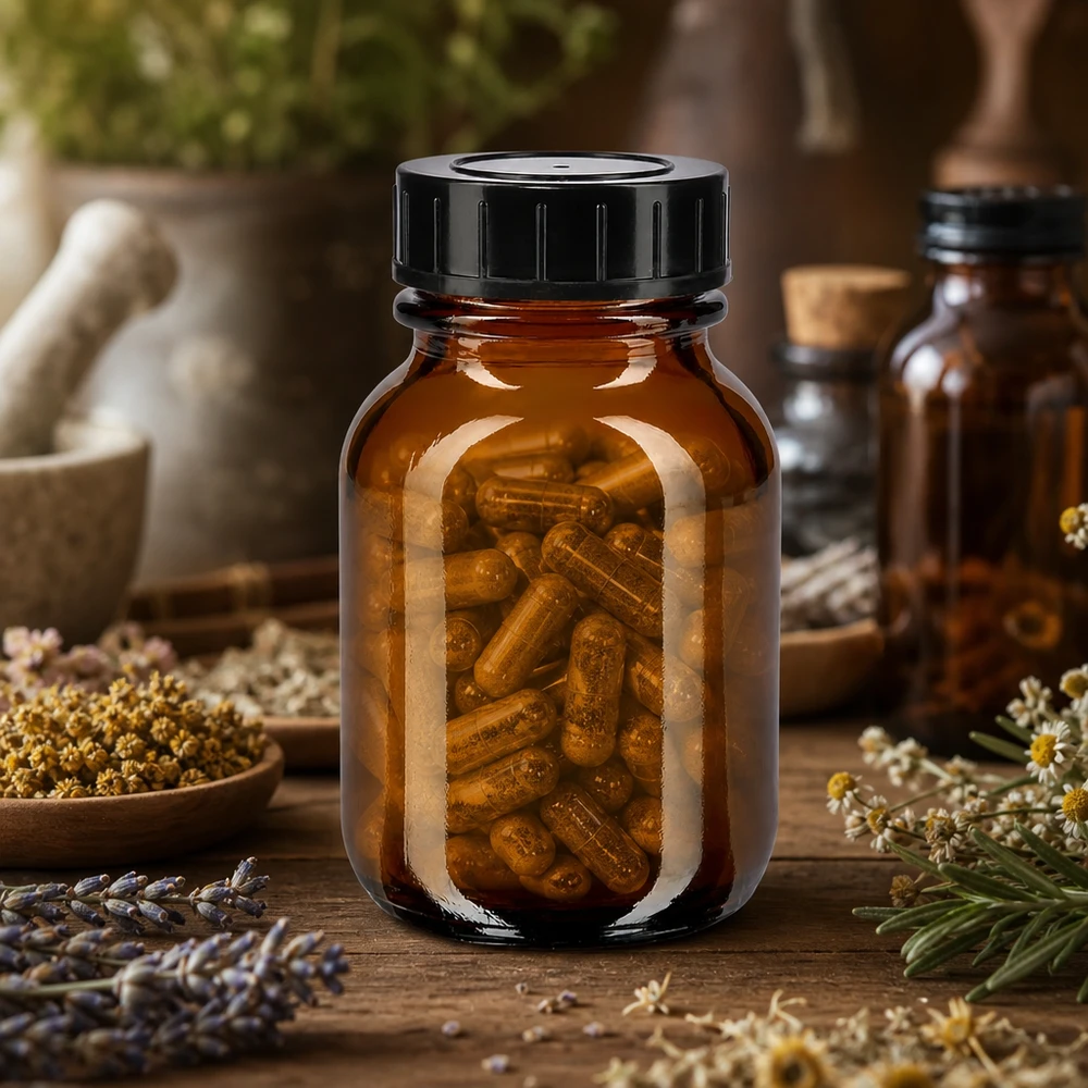 50ml láhev s širokým hrdlem z jantarového skla se šroubovacím uzávěrem. Kompakte Weithalsflasche aus braunem Glas 50ml Volumen mit sicherem Verschlusssystem