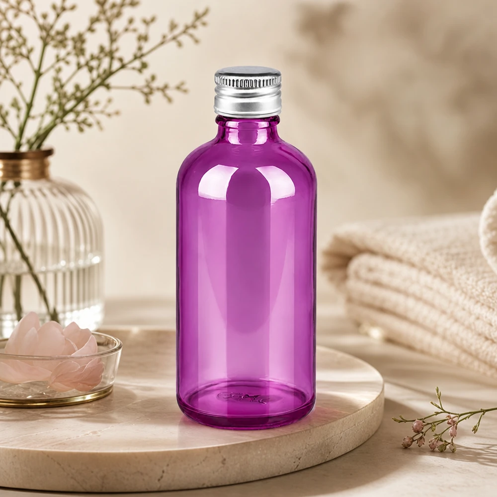 Lahvička o objemu 100 ml. Hliníkovo-stříbrný šroubovací uzávěr o průměru 11 mm standardní PurpleLine. UT18/100 Recycelbare violette Glasflasche 100ml mit nachhaltiger Verpackung für umweltbewusste Nutzer