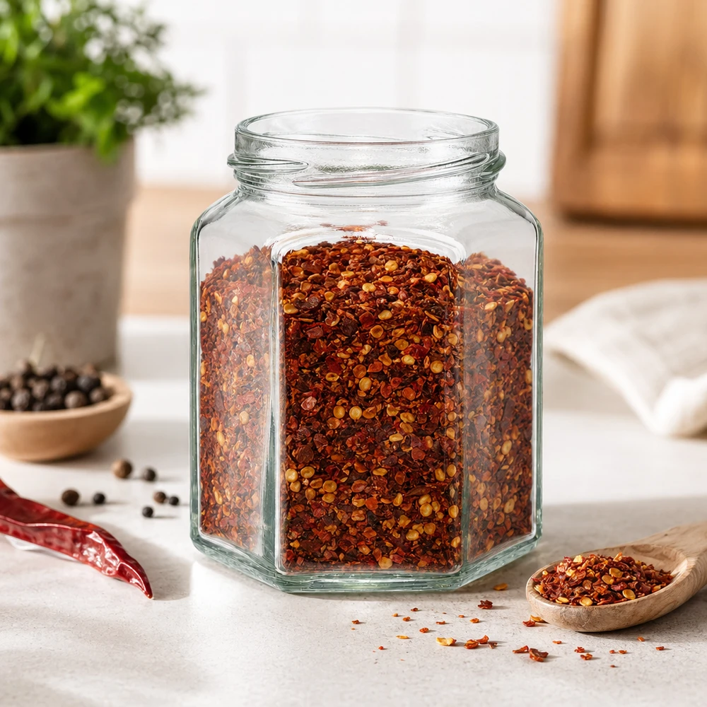 Šestihranná sklenice o objemu 288 ml bez víčka (TO63) UNiTWIST UNiTWIST Hexa288 sechseckiges Glasgefäß 288ml mit Chilliflocken gefüllt in moderner Küche