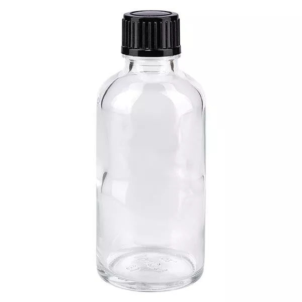 Lékárenská láhev čirá 50ml šroubovací uzávěr černý standardní