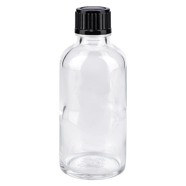 Lékárenská láhev čirá 50ml šroubovací uzávěr černý standardní Lékárenská láhev čirá 50ml šroubovací uzávěr černý standardní