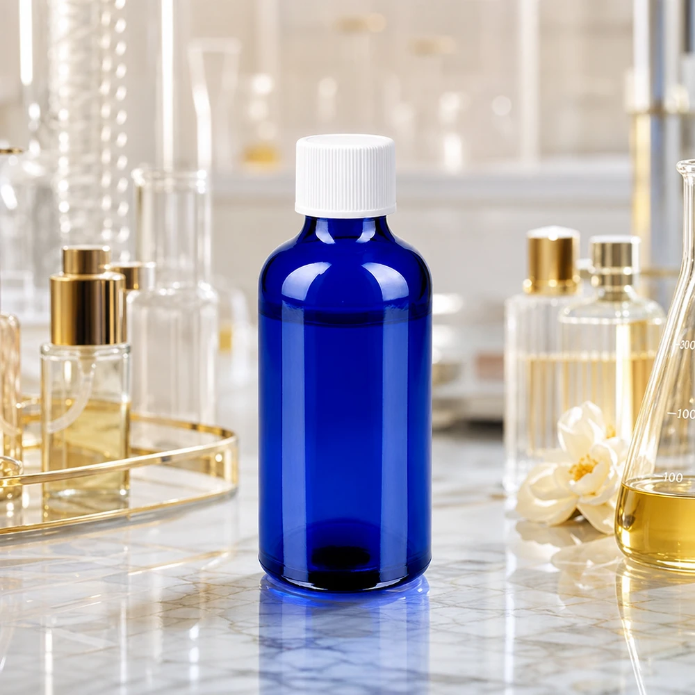 50ml láhev s 11mm šroubovacím uzávěrem bílá Standard BlueLine UT18/50 Robuste 50ml Braunglasflasche Alternative in Blau mit ergonomischem weissen Drehverschluss