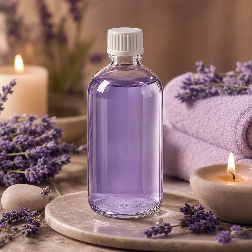 100ml lahvička s kapátkem 0,9 mm bílá standardní uzávěr ClearLine UT18/100 100ml Rundflasche ClearLine UT18 weißer Tropfverschluss zwischen Lavendelblüten und Kerzen