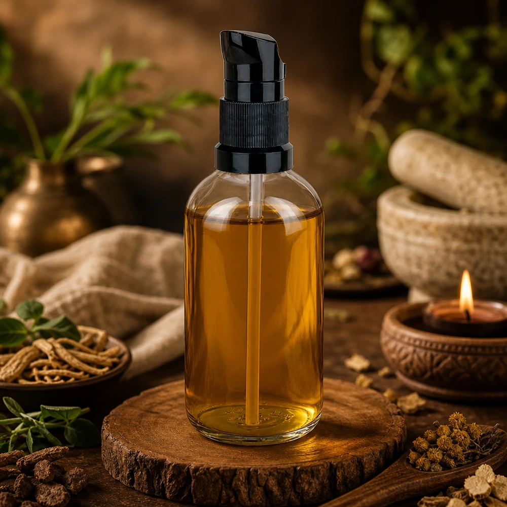 100ml láhev s pumpičkou černá standardní uzávěr ClearLine UT18/100 ClearLine Glasflasche 100ml Pumpverschluss schwarz honigfarbener Inhalt Ashwagandha Kerze Tisch