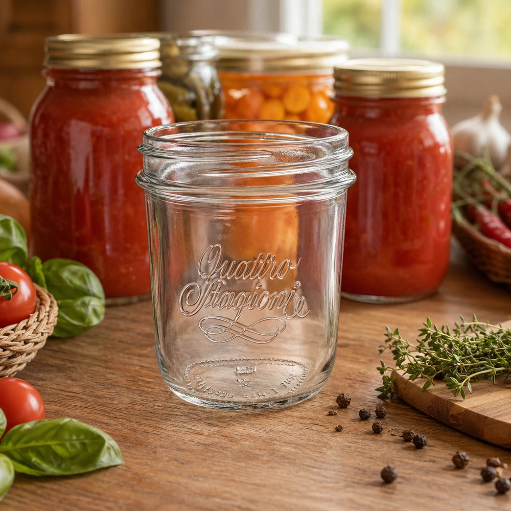320ml Sturzglas Quattro Stagioni mit QS86mm Gewinde auf Holztisch vor Einmachgläsern mit Tomaten und Kräutern