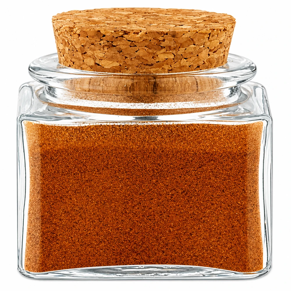Modernes Gewürzglas mit Naturkorken gefüllt mit fein gemahlenem Paprika