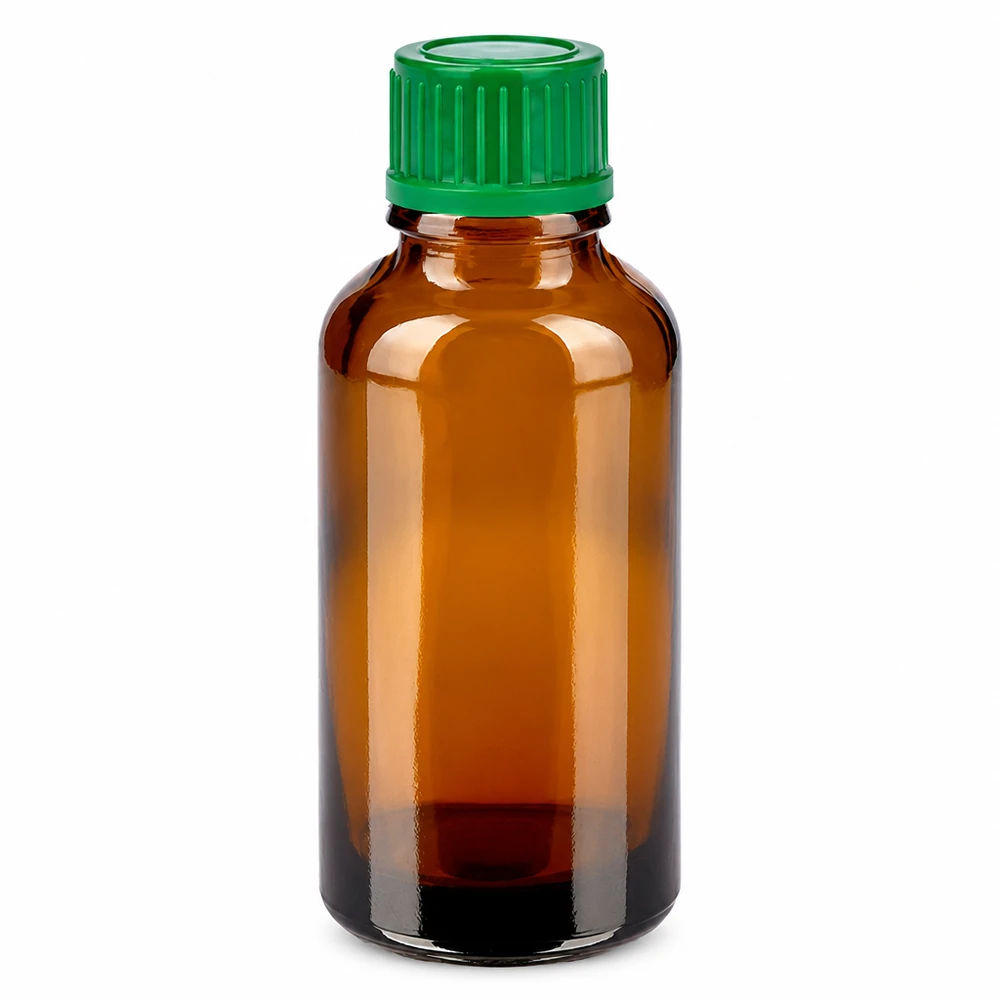 UV-schützende 30ml Braunglasflasche mit grünem Deckel ideal für Tinkturen und Extrakte