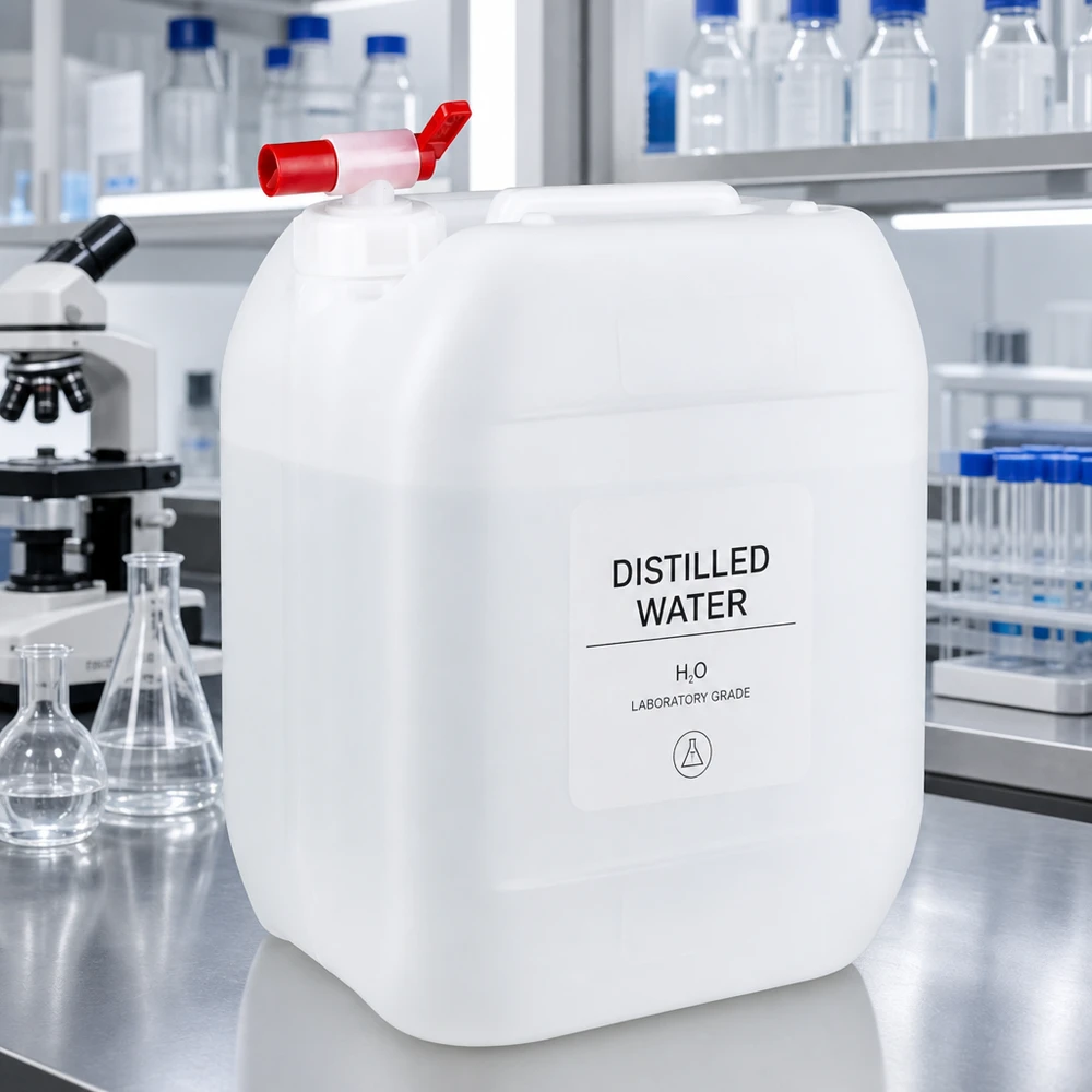 Laborkanister 10L mit Beschriftung Distilled Water und rotem Kunststoffhahn Frontansicht