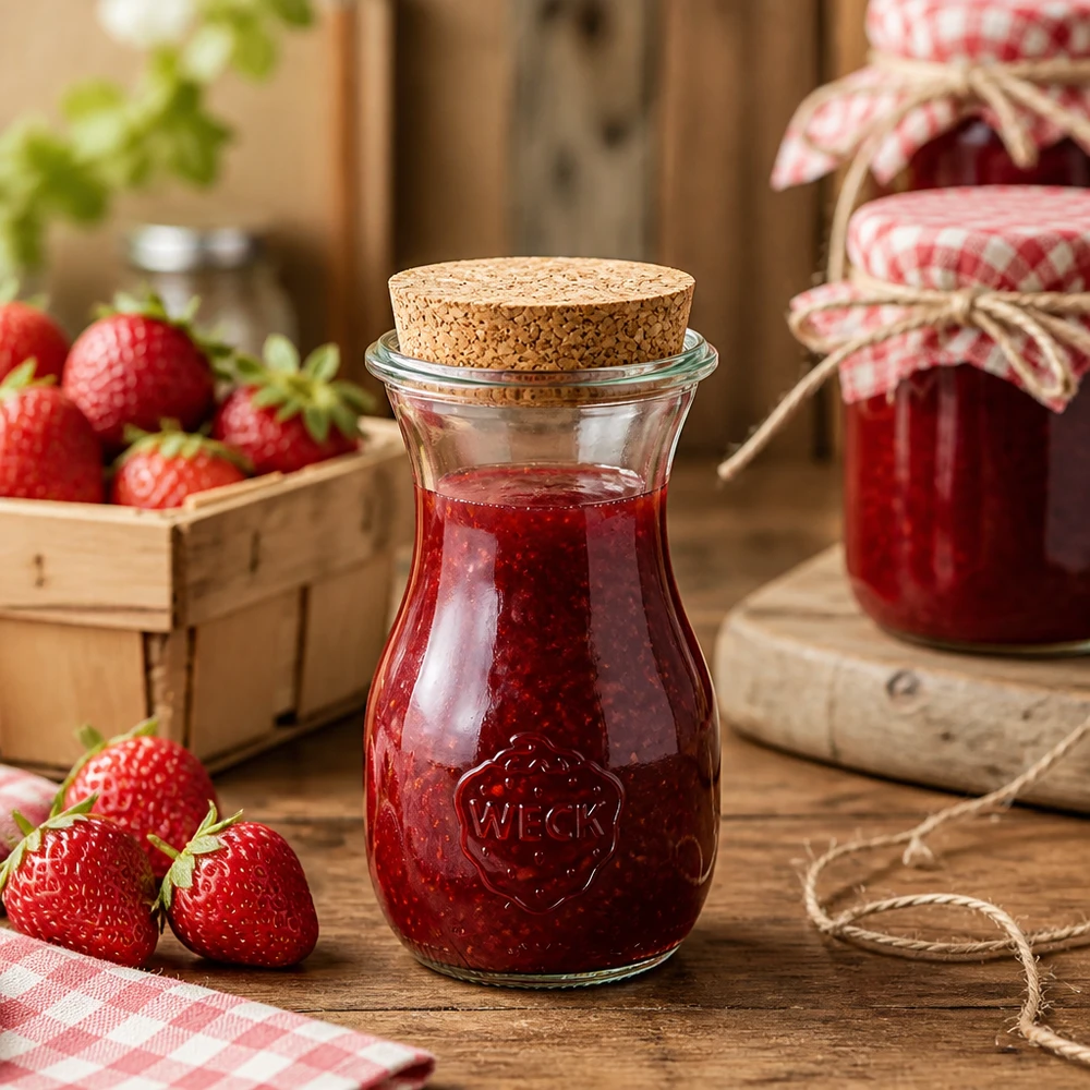 WECK Saftflasche 290ml mit Korken gefüllt mit Erdbeermarmelade in rustikaler Küche mit frischen Erdbeeren