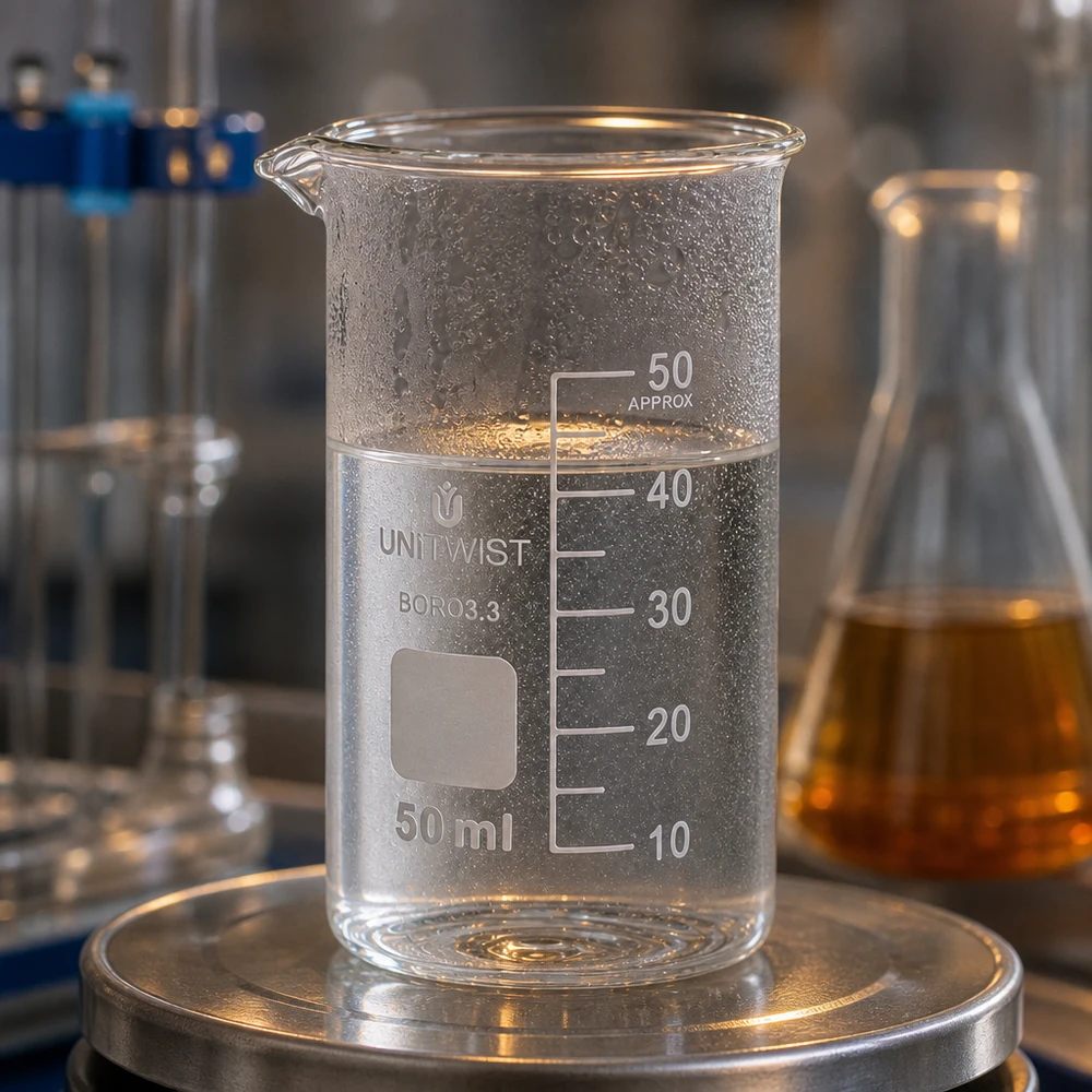 Kádinka 50ml borosilikátová, vysoká forma UNiTWIST Becherglas 50ml hohe Form UNITWIST mit Ausguss und Skalierung auf Laborwaage stehend