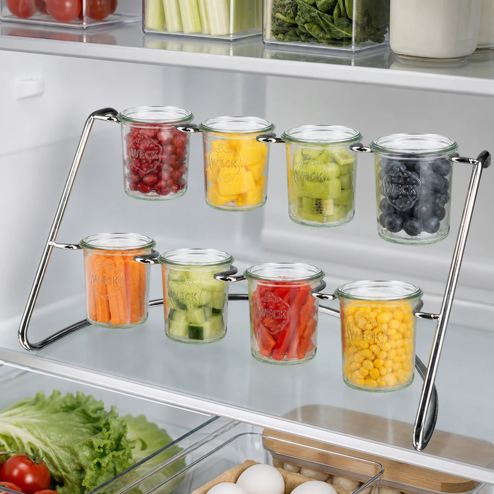 Servírovací stojan Flato8 na 8 pohárů WECK Serviergestell Flato8 im Kühlschrank mit frischen Gemüse und Obst in WECK Sturzgläsern zur praktischen Aufbewahrung