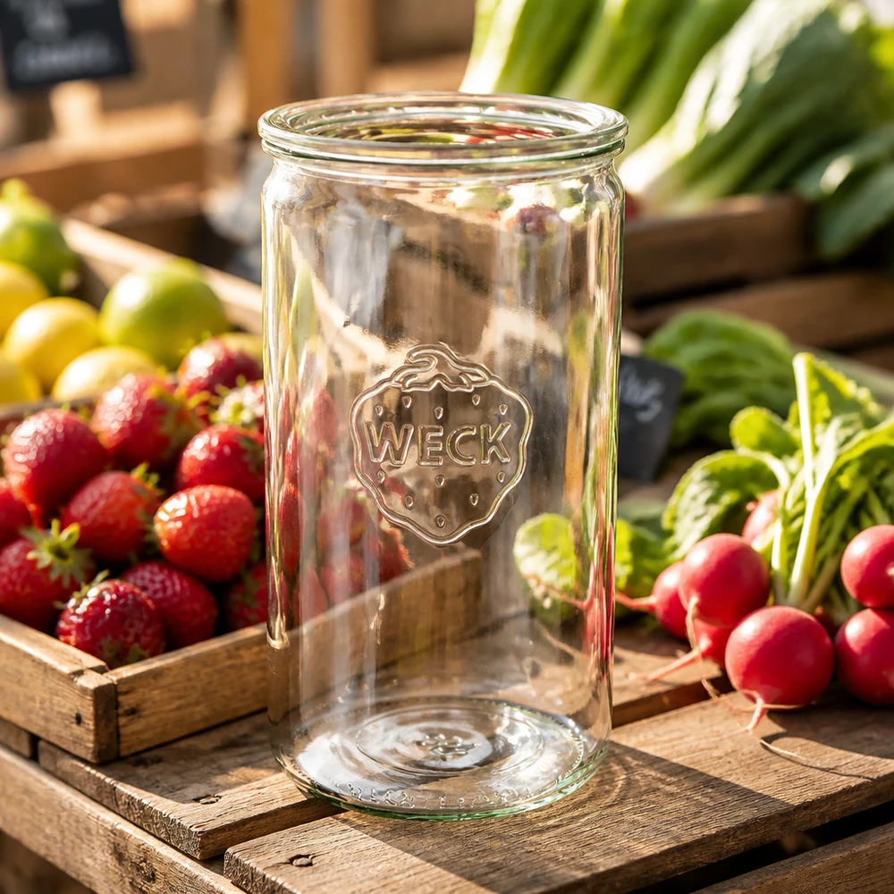 1590ml válcová sklenice se skleněným víčkem WECK RR100 WECK Zylinderglas 1590ml RR100 auf Holzkiste mit frischen Radieschen Erdbeeren und Gemüse in natürlicher Umgebung