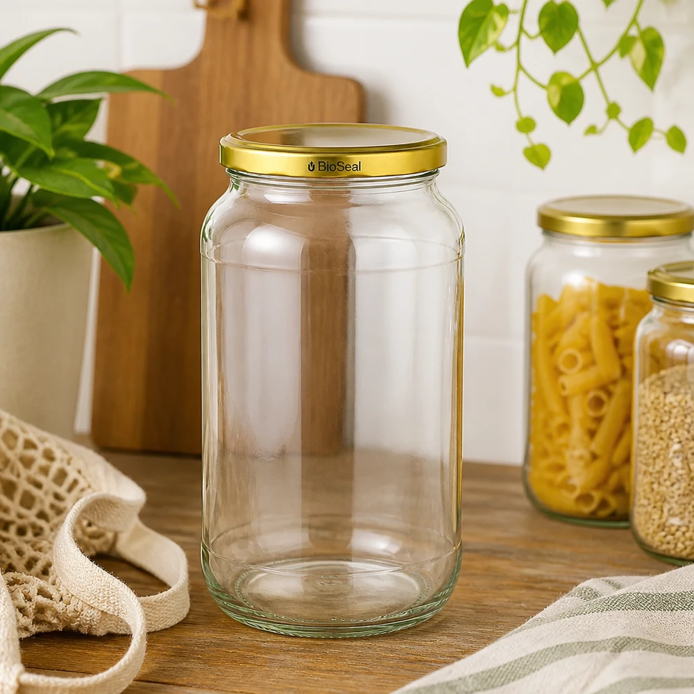 UNiTWIST Runda1062 Vorratsglas leer goldener TO82 BioSeal Deckel Küchenszene Pasta Getreide nachhaltige Aufbewahrung