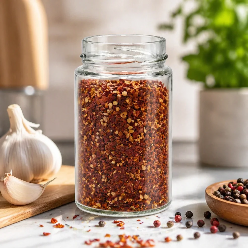 Kulatá sklenice o objemu 245 ml bez víčka (TO58deep) UNiTWIST UNiTWIST Runda245 Rundglas 245ml TO58deep mit Chili-Gewürzmischung gefüllt in moderner Küche mit Knoblauch
