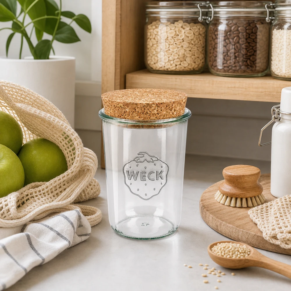 WECK Sturzglas 850ml RR100 mit Korkdeckel in nachhaltiger Küche neben Vorratsgläsern Obst und Holzutensilien