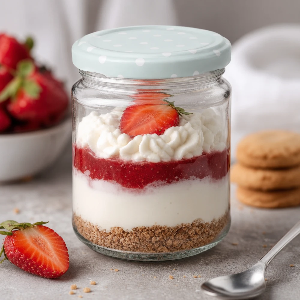 212ml Rundglas als Dessertglas mit Erdbeertorte, mint BasicSeal Deckel Punkte, Schichtdessert im Glas mit Sahne