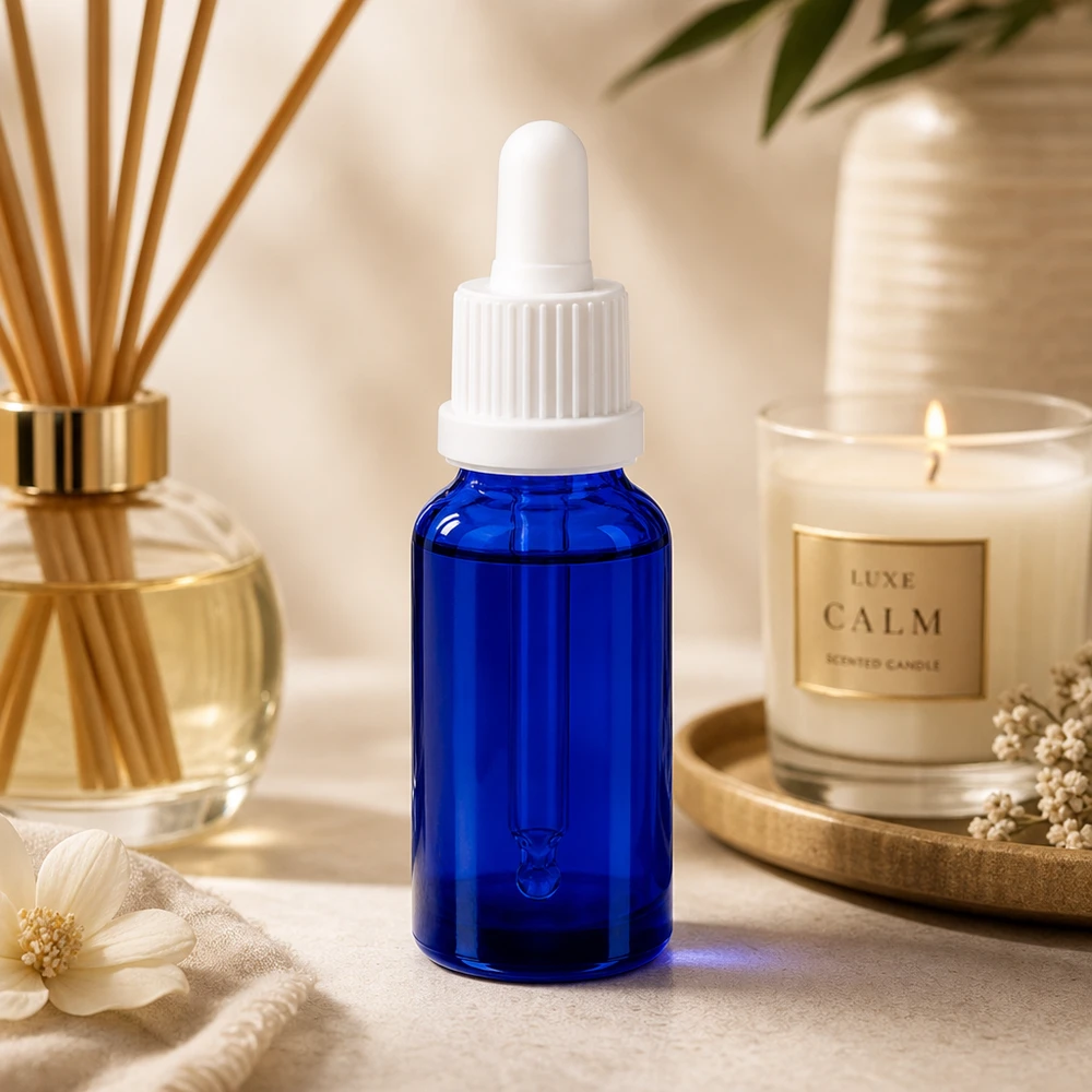20ml pipetovací láhev bílá s tamper-evidentním uzávěrem BlueLine UT18/20 Elegante 20ml Pipettenflasche in tiefem Kobaltblau mit weißer Gummipipette für genaue Dosierung