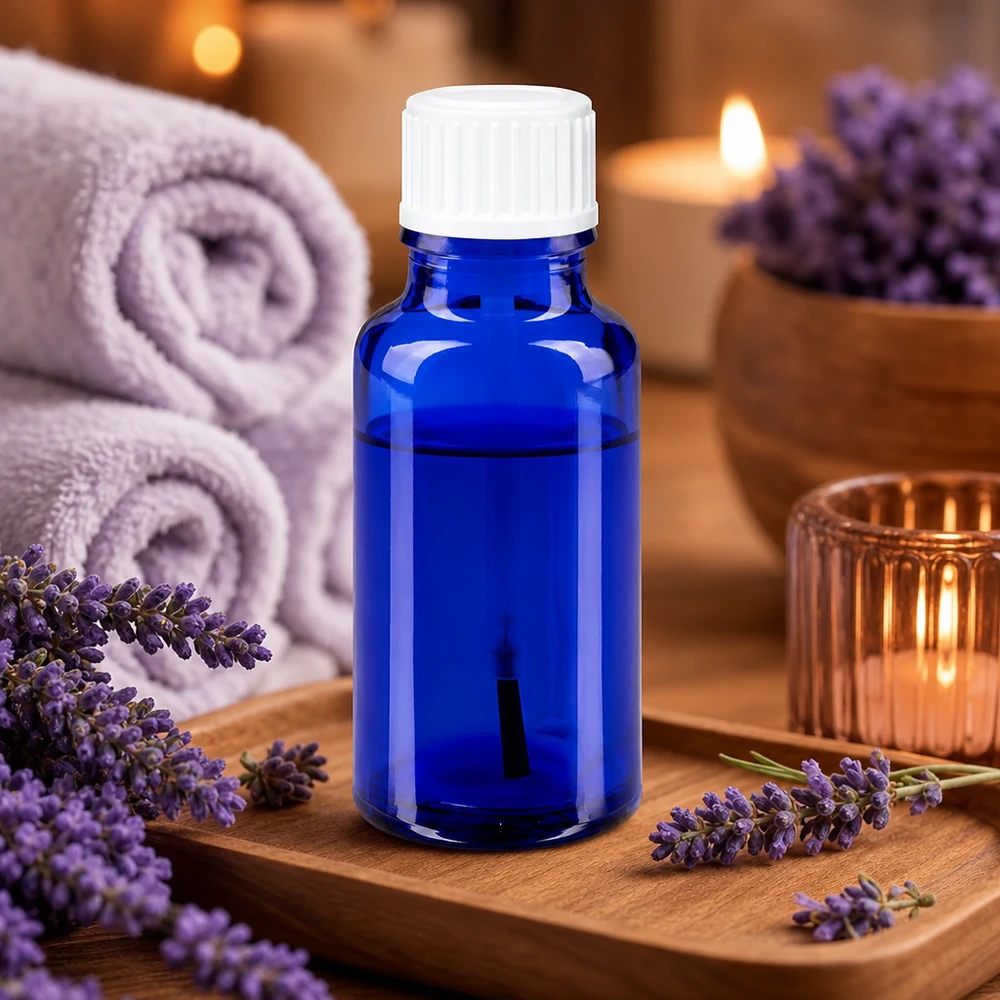 Lékárenská láhev modrá 20ml šroubovací uzávěr bílá štětka Aromatherapie-Flasche 20ml blaues Glas weißer Schraubverschluss Wellness-Setting