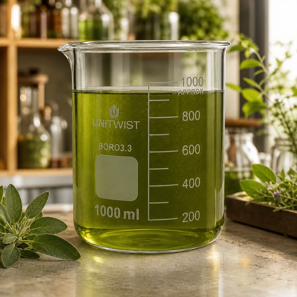 Kádinka 1000 ml borosilikátová, nízká forma UNiTWIST UNiTWIST Becherglas 1000ml Boro3.3 niedrige Form gefüllt mit grünem Naturextrakt im Kräuterlabor