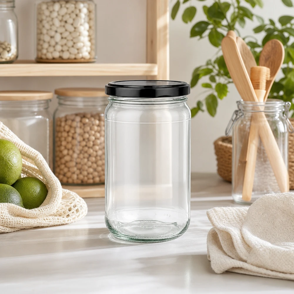 305ml kulatá sklenice s víčkem BasicSeal černá UNiTWIST 305ml Rundglas UNiTWIST mit schwarzem Deckel in moderner Zero-Waste Küche neben Holzutensilien und Limetten