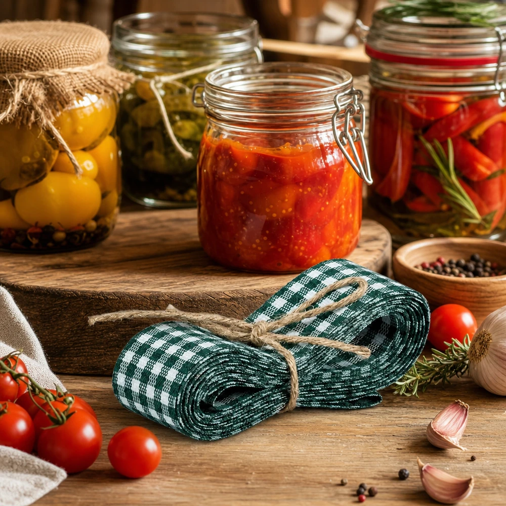 Grün-weißes Dekoband 300cm in rustikaler Küche mit Einmachgläsern und frischen Tomaten als Deko-Inspiration