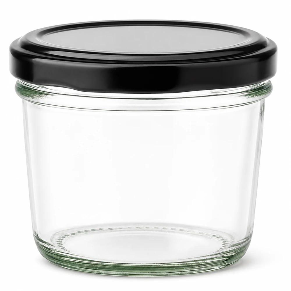 230ml tumblery s víčkem BasicSeal černé UNiTWIST. 230ml Sturzglas mit schwarzem BasicSeal Deckel aus klarem Glas für Marmelade und Konserven
