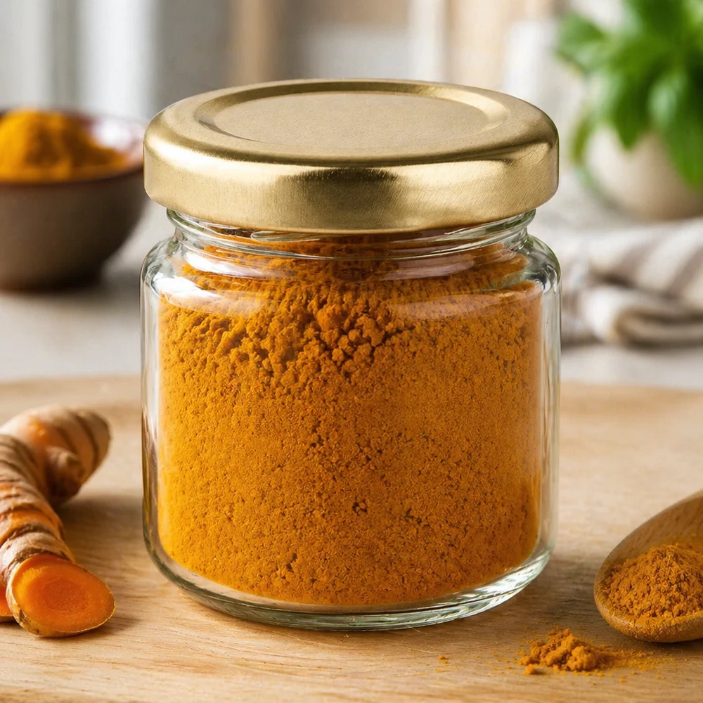 53ml kulatá sklenice s víčkem BasicSeal zlatá UNiTWIST 53ml Rundglas UNiTWIST gefüllt mit Kurkumapulver zeigt Verwendung als Gewürzglas mit goldenem Deckel