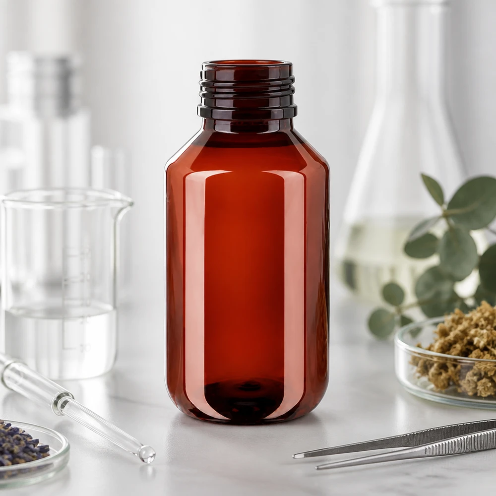 PET láhev 100ml se zeleným uzávěrem s ochranou proti manipulaci Malá hnědá PET láhev o objemu 100 ml s originálním uzávěrem s dětskou pojistkou pro přírodní produkty