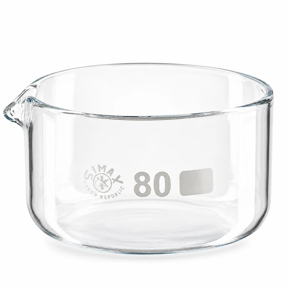 150ml krystalizační miska s výlevkou borosilikátová ø80mm SIMAX Laborglas Kristallisierschale 150ml ø80mm transparent mit Ausguss für chemische Anwendungen