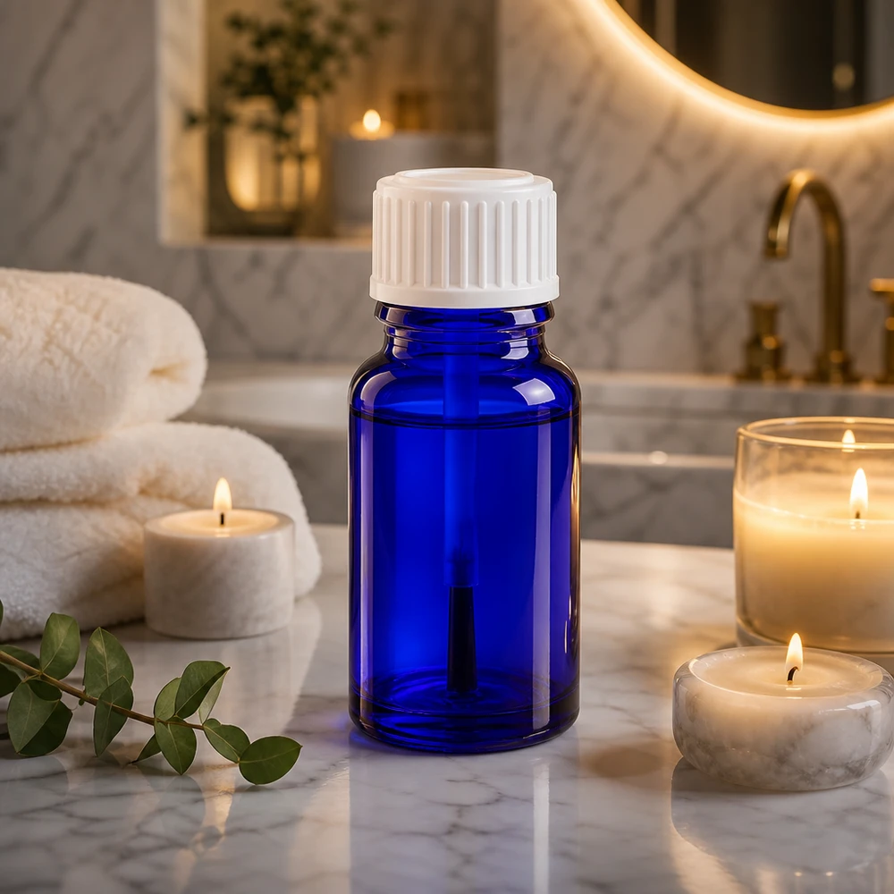 Lékárenská lahvička modrá 10ml šroubovací uzávěr bílá kartáčová UV-Schutz blaue Apothekerglasflasche 10ml mit Pinseldeckel für Hautpflegeprodukte