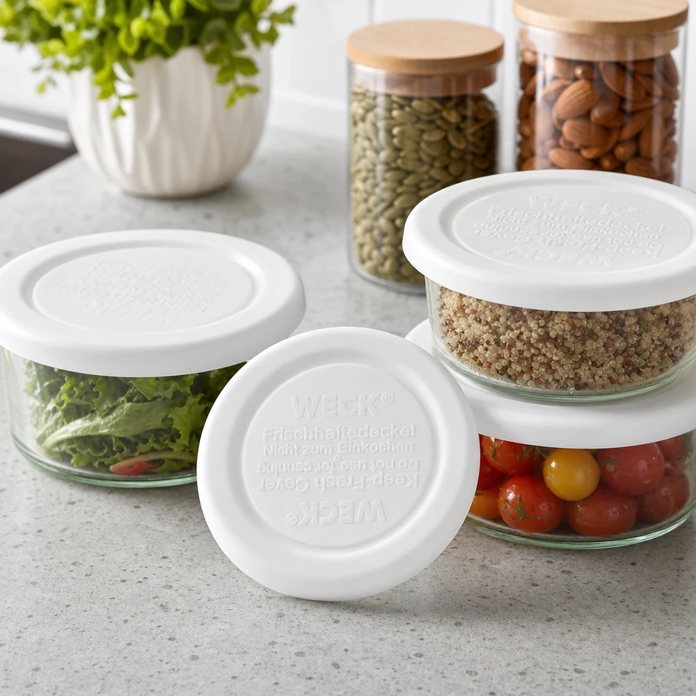 Víko WECK Fresh-keeping RR40 WECK Frischhaltedeckel RR40 für Glasschalen mit Quinoa, Tomaten und Salat - vielseitige Küchenaufbewahrung