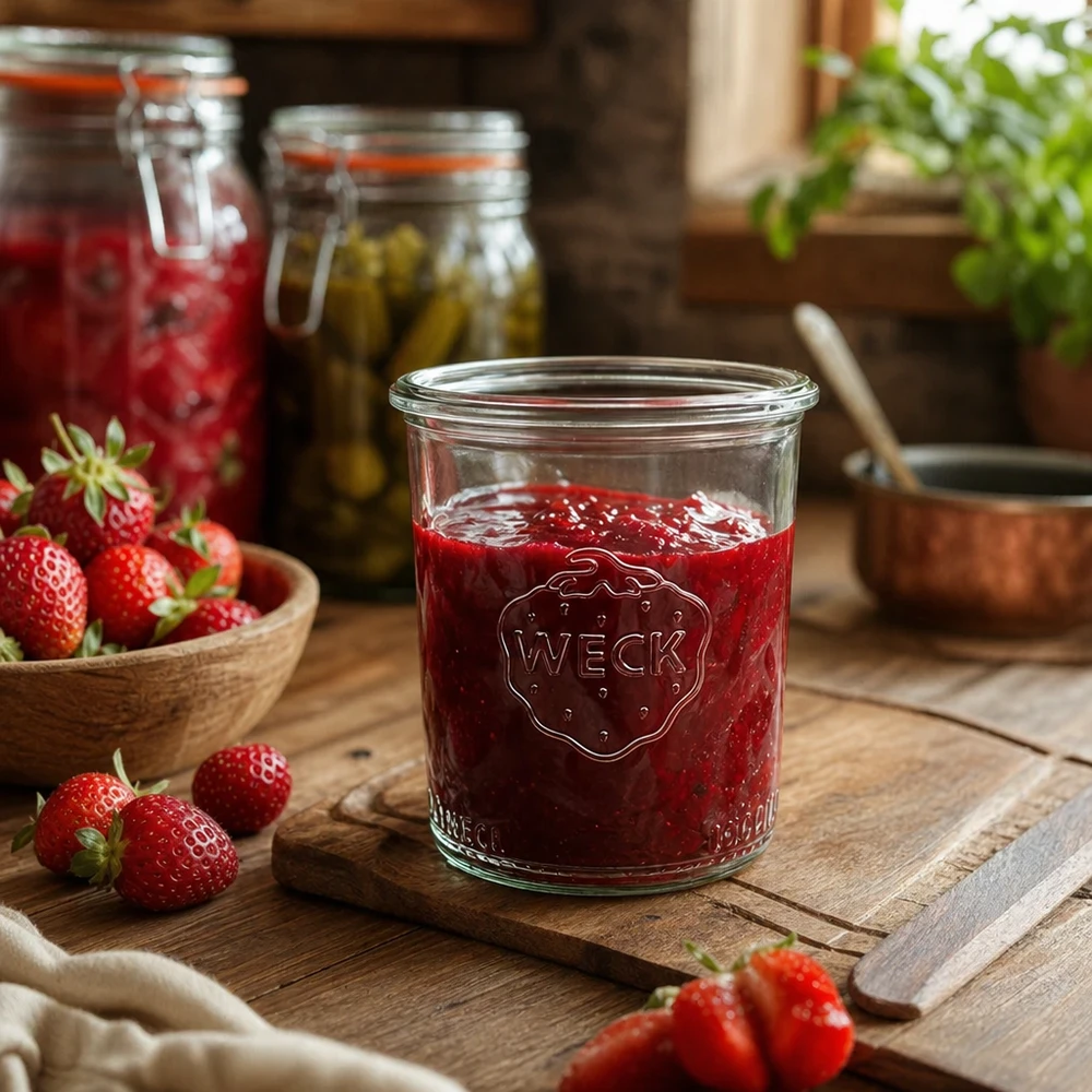 160ml zavařovací sklenice WECK RR60 s dřevěným dřevem WECK Sturzglas 160ml RR60 mit Erdbeermarmelade gefüllt auf Holztisch mit frischen Erdbeeren und Einmachgläsern
