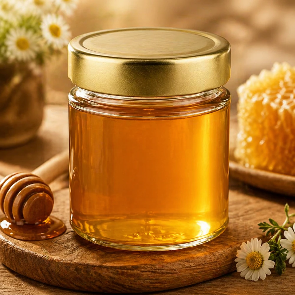 154ml kulatá sklenice s víčkem BasicSeal zlatá hluboká UNiTWIST 154ml Rundglas mit goldenem Deckel gefüllt mit Honig Honigglas Honigtopf mit Honiglöffel Blumen Naturprodukt