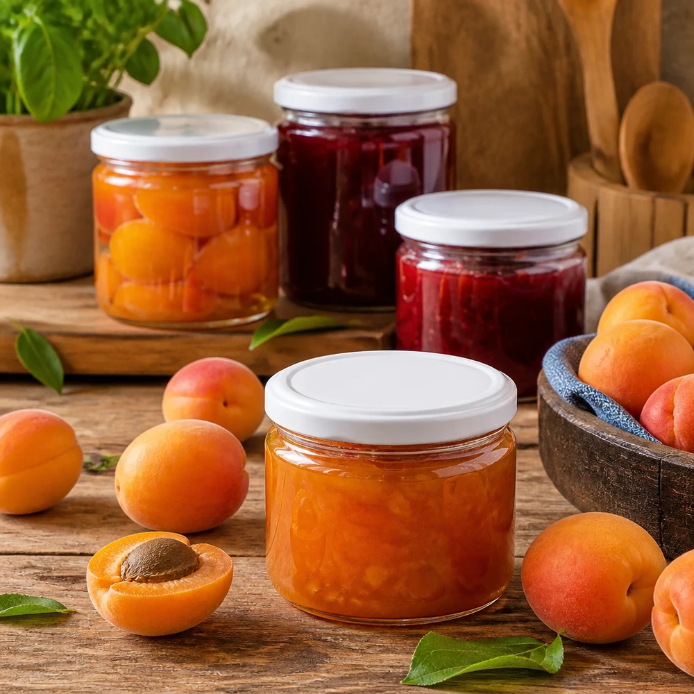 540ml kulatá sklenice s víčkem BasicSeal bílá UNiTWIST 540ml Rundglas BasicSeal weiß gefüllt mit Aprikosenmarmelade - praktisches Einmachglas für Konfitüre und Konserven